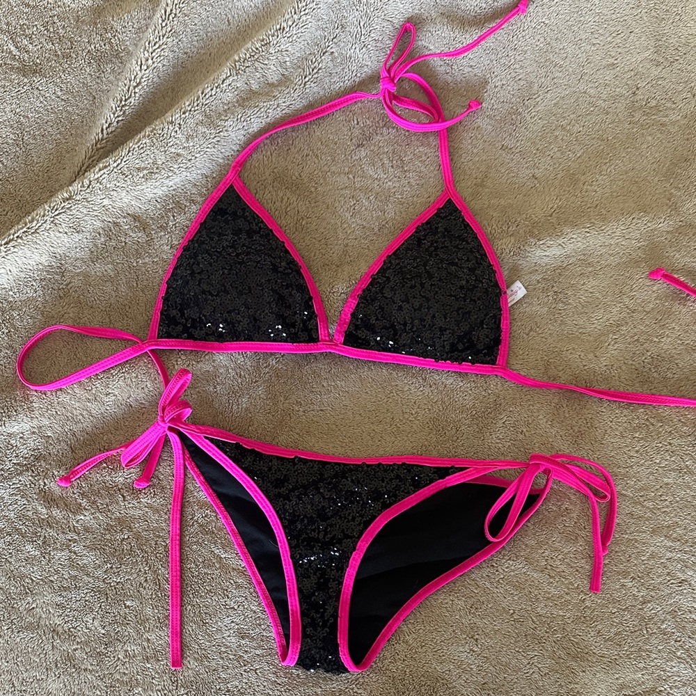 Dippin' Daisy's Black Sequin Bikini with Hot Pink Trim